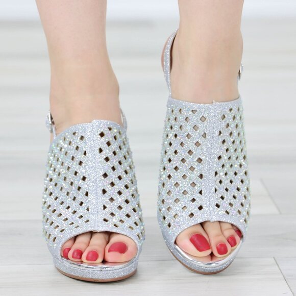 Sparkly Rhinestone Glitter Silver Platform High Heels Open Toe Party Shoes - Picture 14 of 14
